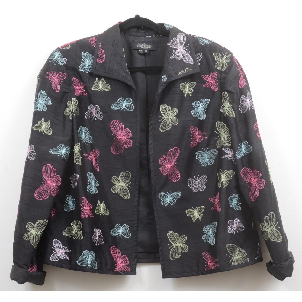 Peck & Peck 100% Silk PLUS 16 Open Blazer Jacket Embroidered Black Butterflies